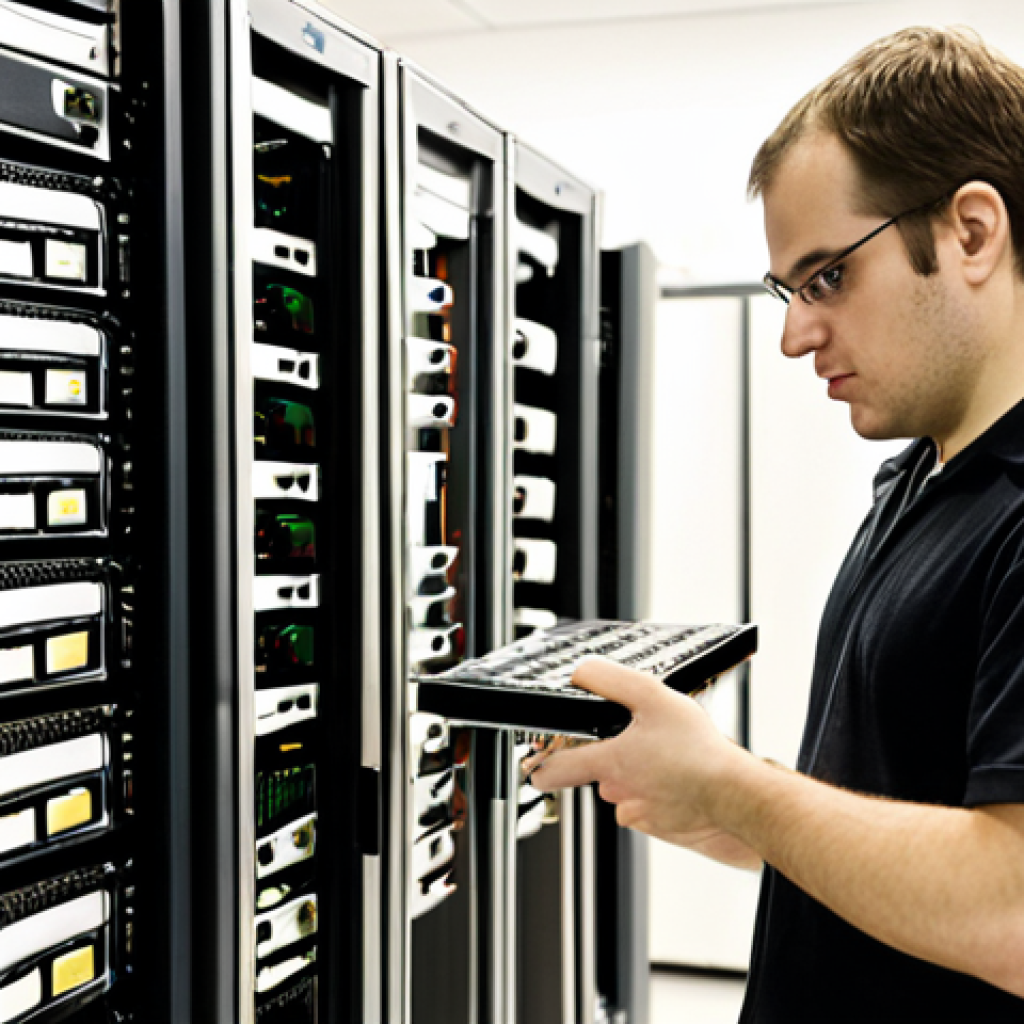 **A Linux system administrator carefully managing packages in a server room, with various servers and network equipment in the background, emphasizing system stability and security.**