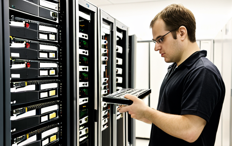 **A Linux system administrator carefully managing packages in a server room, with various servers and network equipment in the background, emphasizing system stability and security.**