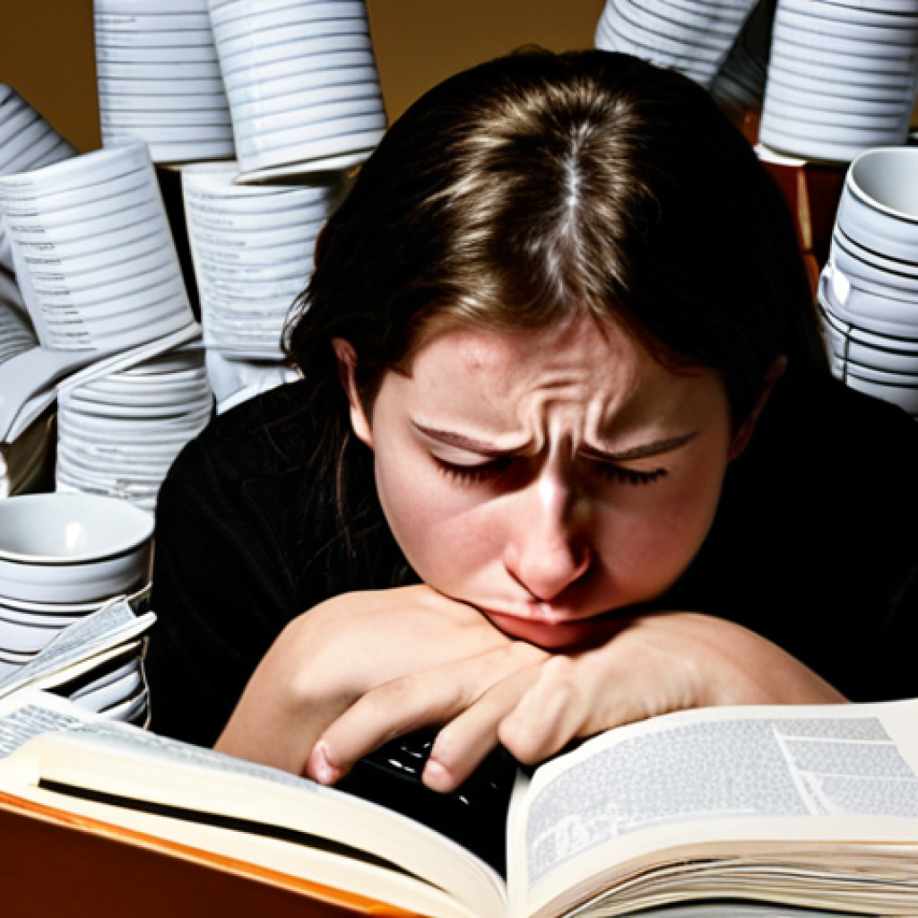 **A stressed-out person buried under Linux books and manuals, illuminated by a computer screen filled with command-line code. Emphasize the feeling of overwhelm but with a touch of humor. The scene should include empty coffee cups and crumpled paper.** (Focus: the initial struggle and overwhelming nature of exam prep)