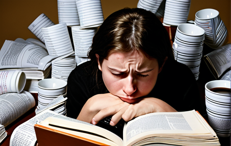 **A stressed-out person buried under Linux books and manuals, illuminated by a computer screen filled with command-line code. Emphasize the feeling of overwhelm but with a touch of humor. The scene should include empty coffee cups and crumpled paper.** (Focus: the initial struggle and overwhelming nature of exam prep)