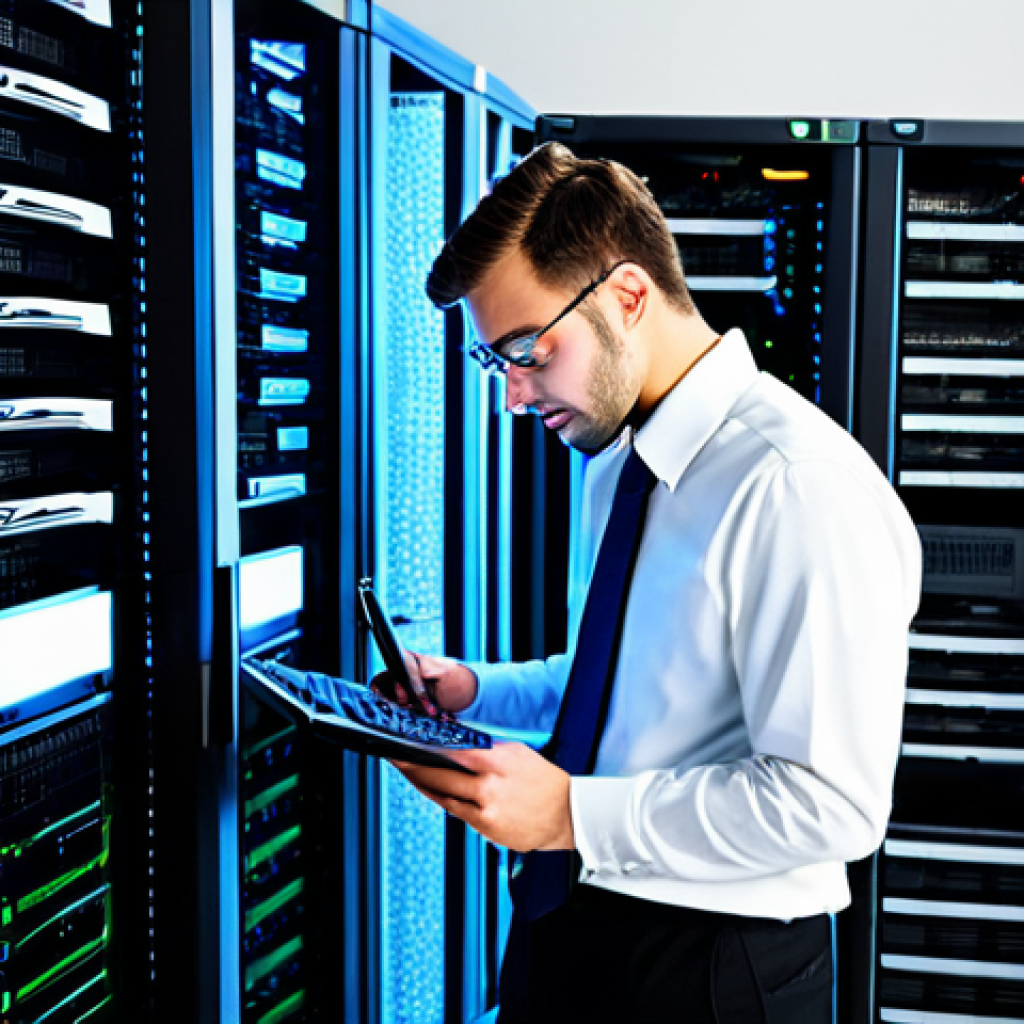 **Prompt:** A system administrator, fully clothed in professional attire, confidently troubleshooting a server issue in a modern data center, surrounded by blinking lights and server racks, safe for work, perfect anatomy, correct proportions, professional, high quality.