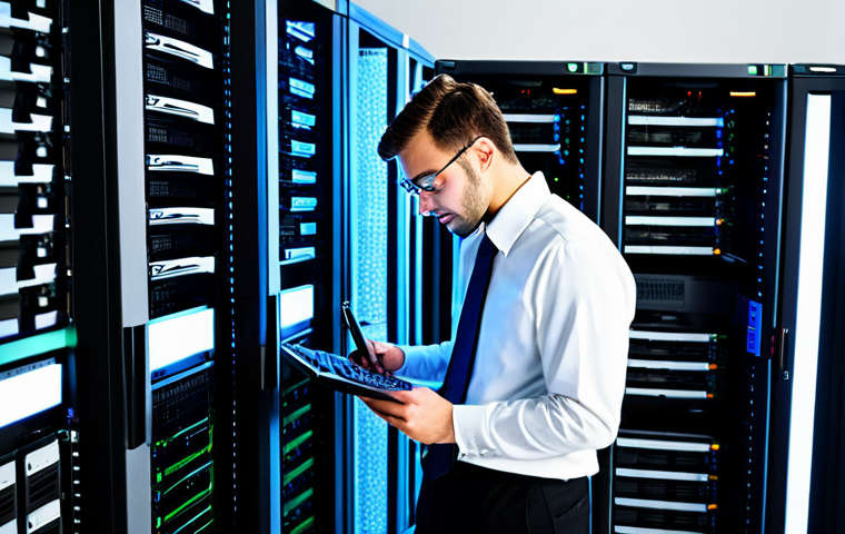 **Prompt:** A system administrator, fully clothed in professional attire, confidently troubleshooting a server issue in a modern data center, surrounded by blinking lights and server racks, safe for work, perfect anatomy, correct proportions, professional, high quality.