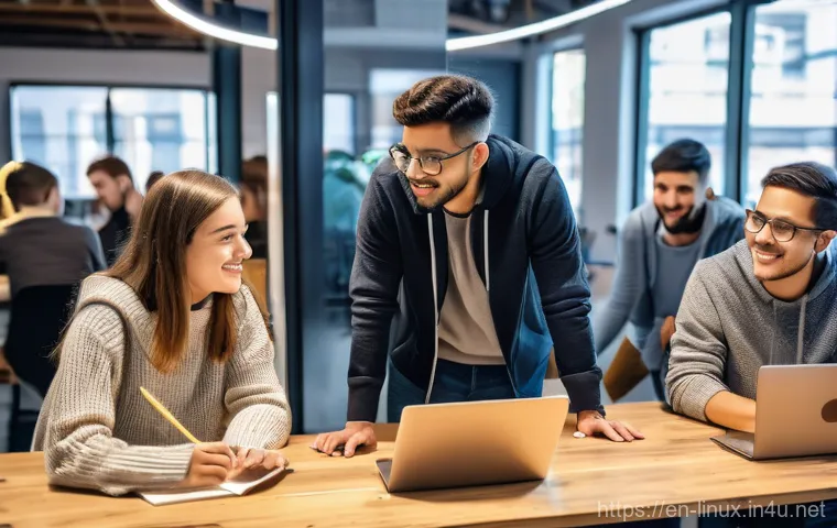 리눅스 전문가로 성장하기 위한 자격증 로드맵 - **Prompt:** A diverse group of young adults, aged 20s to early 30s, enthusiastically collaborating i...