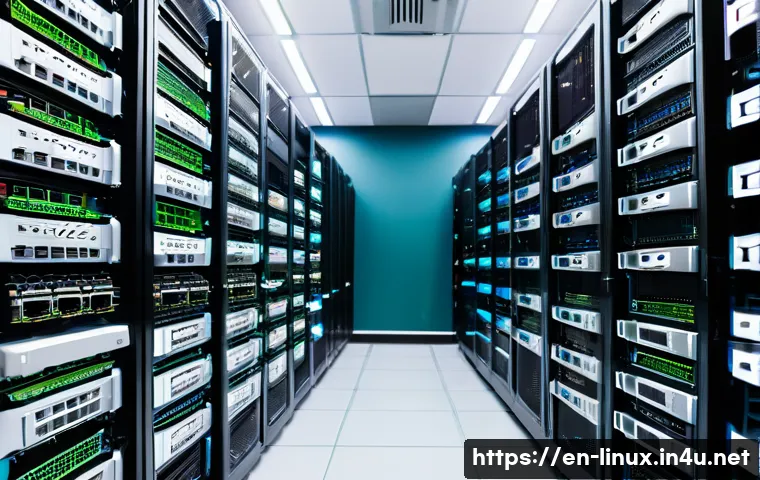 리눅스 실기 시험에서 활용되는 네트워크 설정 기법 - A detailed, realistic close-up of a Linux server room with multiple racks filled with servers showin...