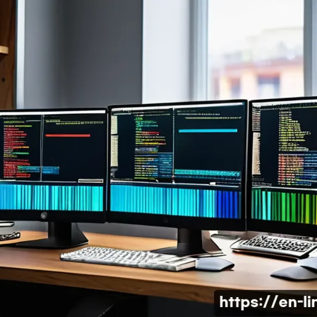 리눅스 실무와 최신 오픈소스 기술 트렌드 - A modern, sleek Linux workstation setup featuring multiple monitors displaying colorful terminal win...