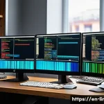 리눅스 실무와 최신 오픈소스 기술 트렌드 - A modern, sleek Linux workstation setup featuring multiple monitors displaying colorful terminal win...