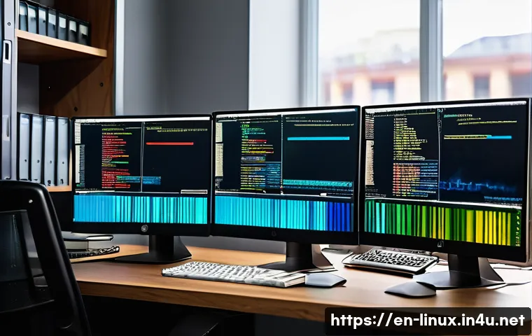 리눅스 실무와 최신 오픈소스 기술 트렌드 - A modern, sleek Linux workstation setup featuring multiple monitors displaying colorful terminal win...