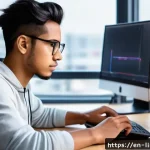리눅스 필기 시험의 효율적인 학습 계획 - A focused young adult studying Linux certification at a modern desk with multiple monitors displayin...