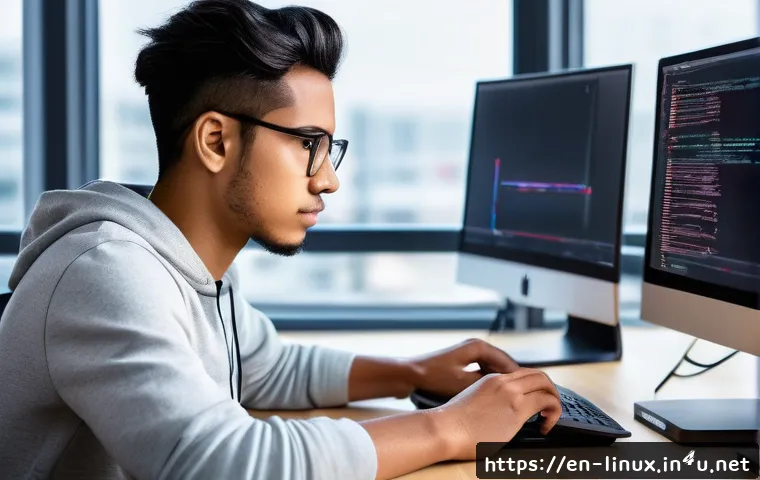 리눅스 필기 시험의 효율적인 학습 계획 - A focused young adult studying Linux certification at a modern desk with multiple monitors displayin...
