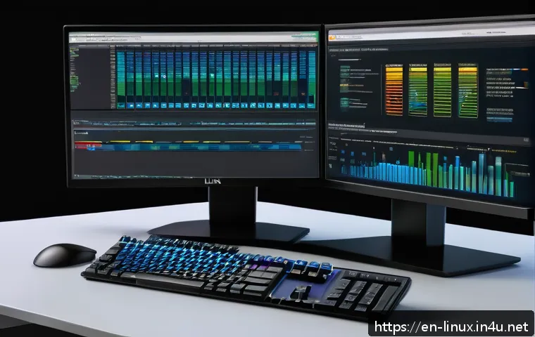 리눅스 실기 시험 대비 시스템 모니터링 기법 정리법 - A detailed, high-resolution digital illustration of a modern Linux system administrator&rsquo;s workstatio...