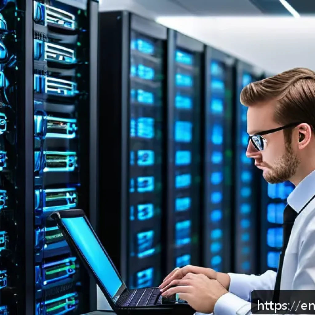 리눅스 실기 시험에서 출제된 최신 문제 유형 - A focused Linux system administrator troubleshooting a network failure in a modern, well-lit data ce...