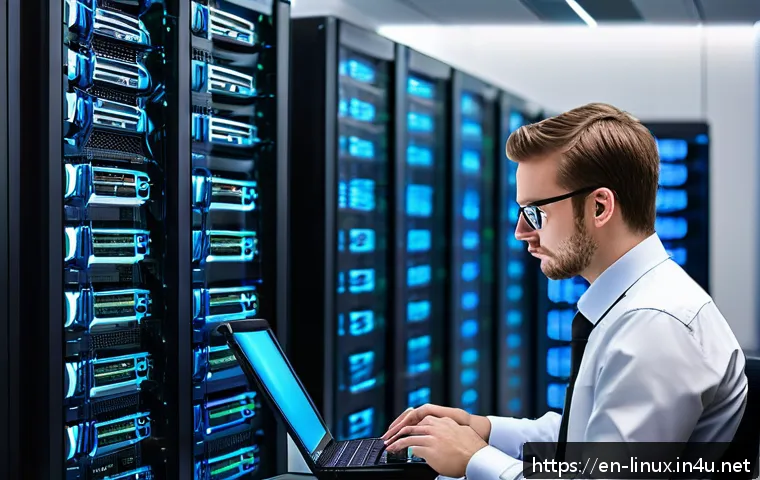 리눅스 실기 시험에서 출제된 최신 문제 유형 - A focused Linux system administrator troubleshooting a network failure in a modern, well-lit data ce...