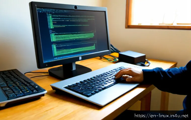 리눅스 실기 시험에서 많이 나오는 시뮬레이션 문제 - Photorealistic home office scene of an adult IT certification candidate practicing a Linux server ad...