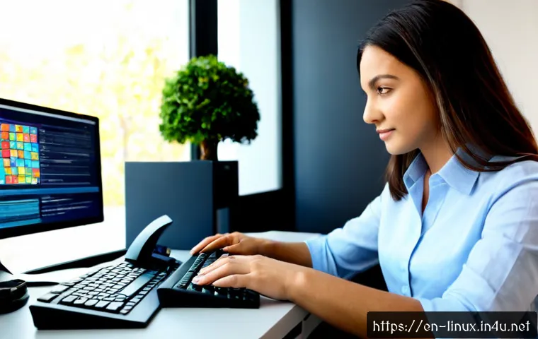 리눅스 실기 시험에서 강조된 파일시스템 관리 기법 - Photorealistic IT certification practice scene, focused adult system administrator at a clean deskto...
